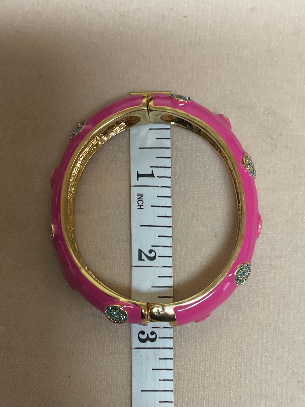 Pink Enamel Gold-Tone Bangle with Blue Crystal Accents - Picture 4 of 5